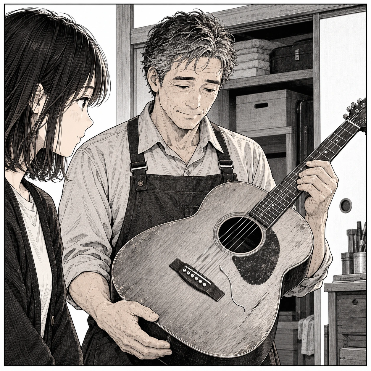 父にも、白紙の切符がある(漫画版) 5ページ:店の奥で、周は押し入れから古いギターを取り出した。弦は一本切れ、胴には細い傷がある。灯の『直せる?』に、周は『直す』と答えた。昨日までとは、少し違う言い方だった。