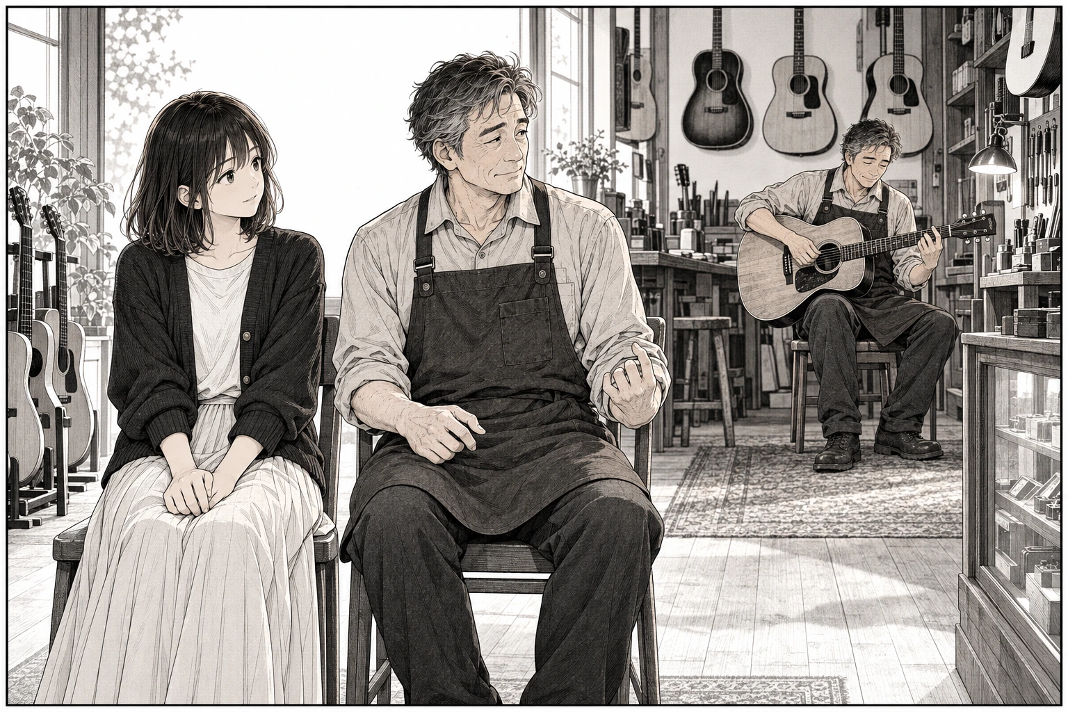 父にも、白紙の切符がある(漫画版) 3ページ:列車が着いたのは、知らない町の小さなギターの店だった。奥で弦を張っていた父に似た人は、二人に席を空け、毎日そこに置くような音を奏でる。現実の周も膝の上で同じように指を動かした。店をやめたいのではなく、ほかのことを始めてよいのか分からなくなっていたのだ。