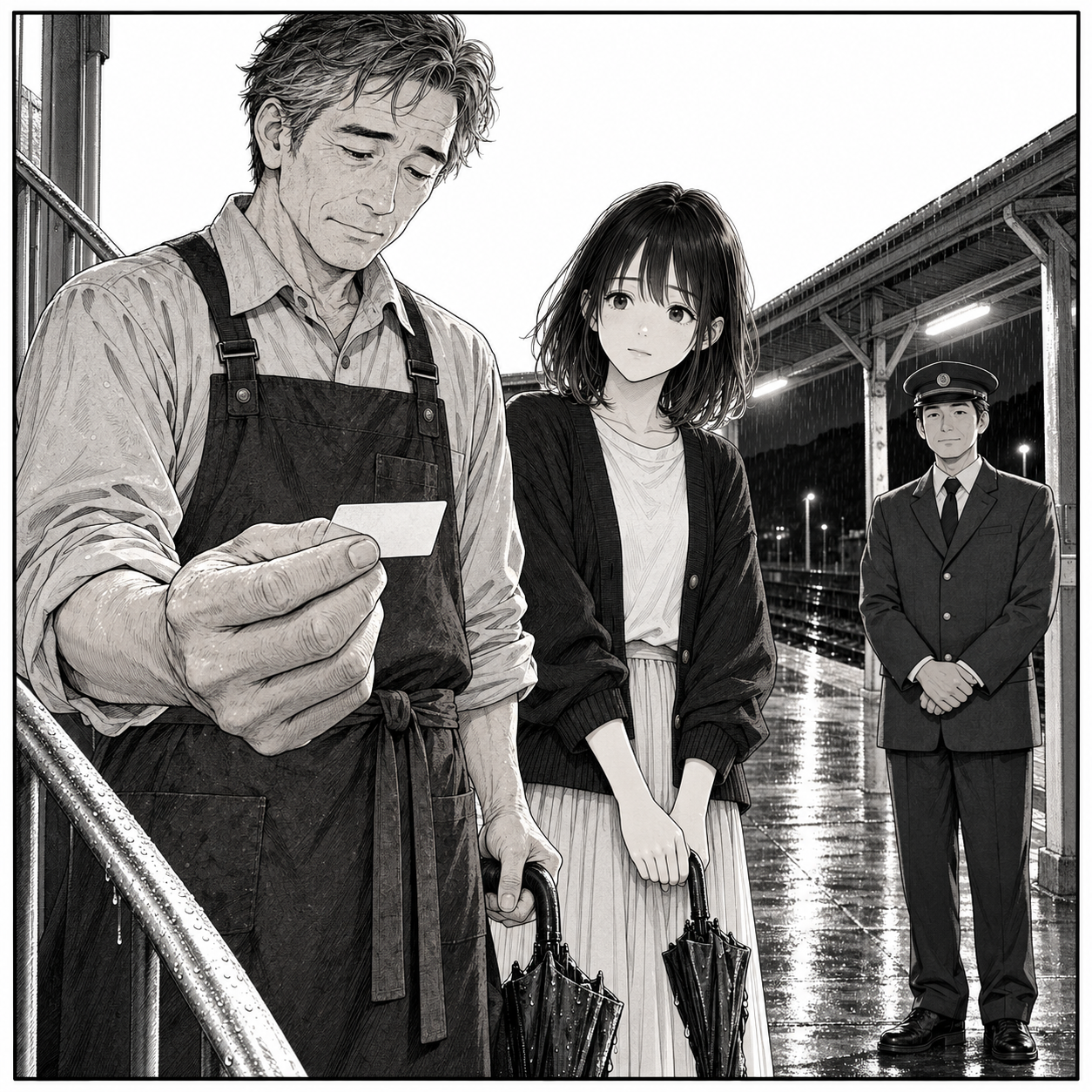 父にも、白紙の切符がある(漫画版) 2ページ:一本ずつ傘を持って駅へ来た二人。階段で立ち止まり、手すりを確かめた周を、三枝は驚かず迎えた。渡された切符の『まだ間に合うだろうか』を、周はすぐ裏返す。灯は尋ねない。自分も手紙の中身を読まれたくない夜だった。