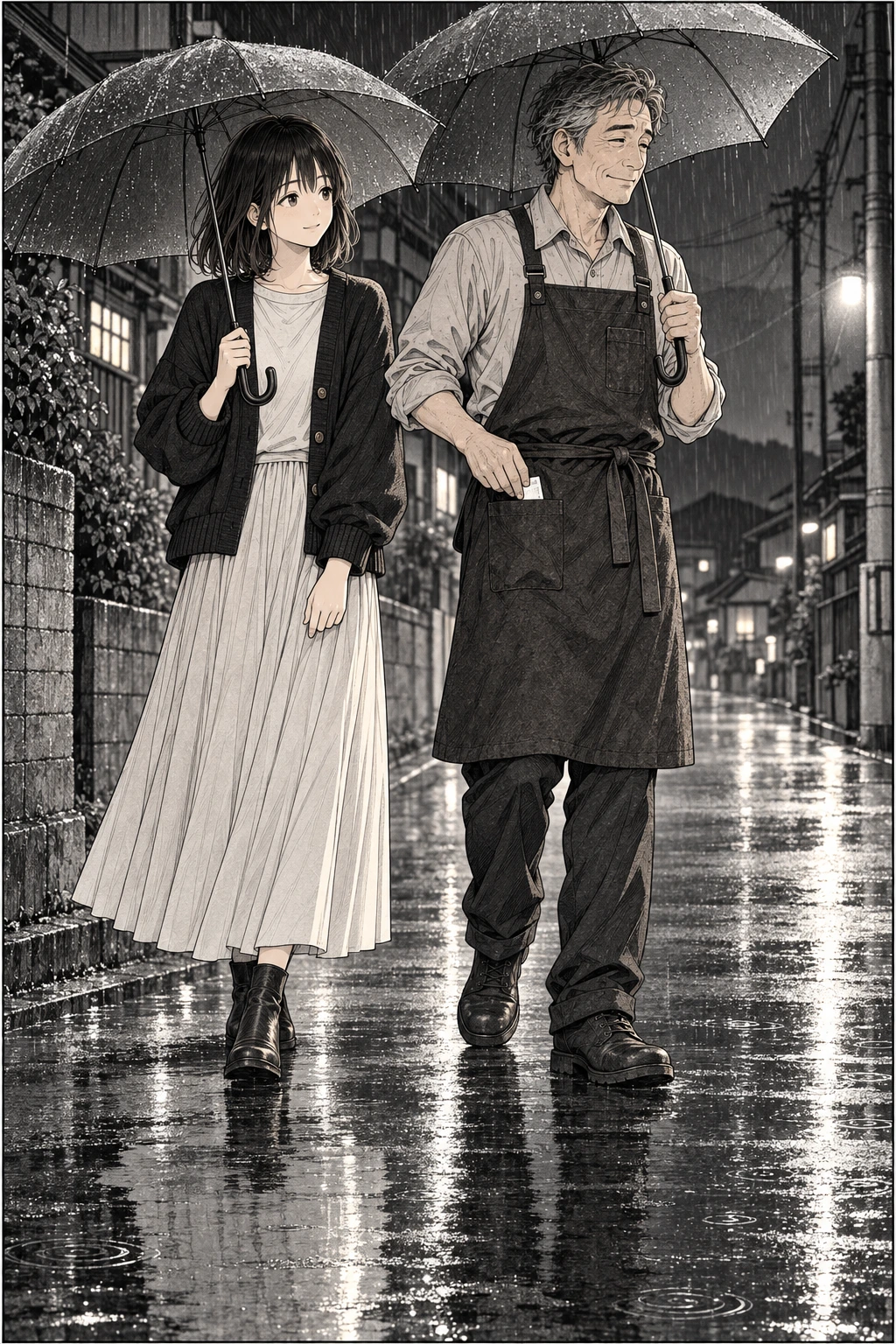 父にも、白紙の切符がある(漫画版) 4ページ:自分の出発を怖がる父にも、まだ出発したい場所がある。そう知った灯は、父と始発の鐘より前に戻った。帰り道、周は切符をポケットへしまう。手放さなくても、現実へ帰れるのだった。
