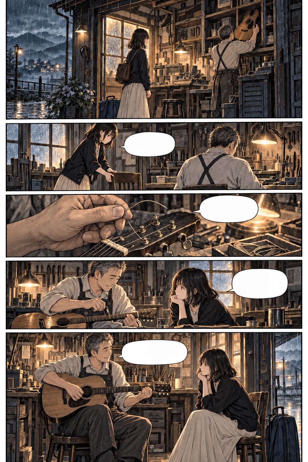 始発前の一曲 1ページ:雨の修理店。周が古いギターを取り出し、灯が椅子を運ぶ。周が切れた弦を直し、椅子に座る。