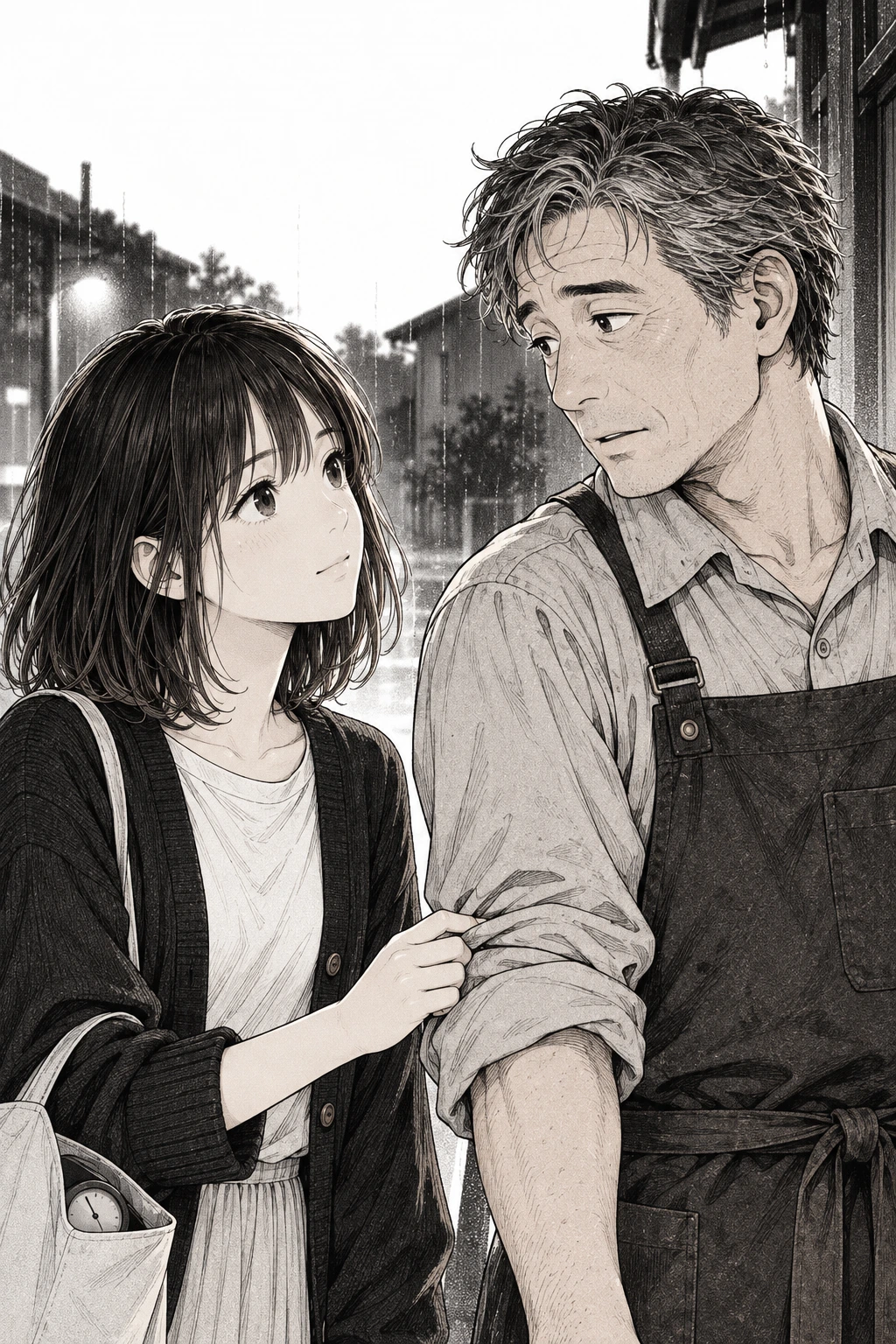 父にも、白紙の切符がある(漫画版) 1ページ:青い時計を鞄へしまった灯は、父の袖を引いた。翌朝の出発を前に、まだ父と一緒に見たい場所がある。